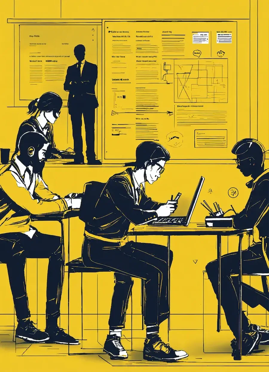 Illustration: Teilnehmende arbeiten an Laptops im Seminarraum der Academy