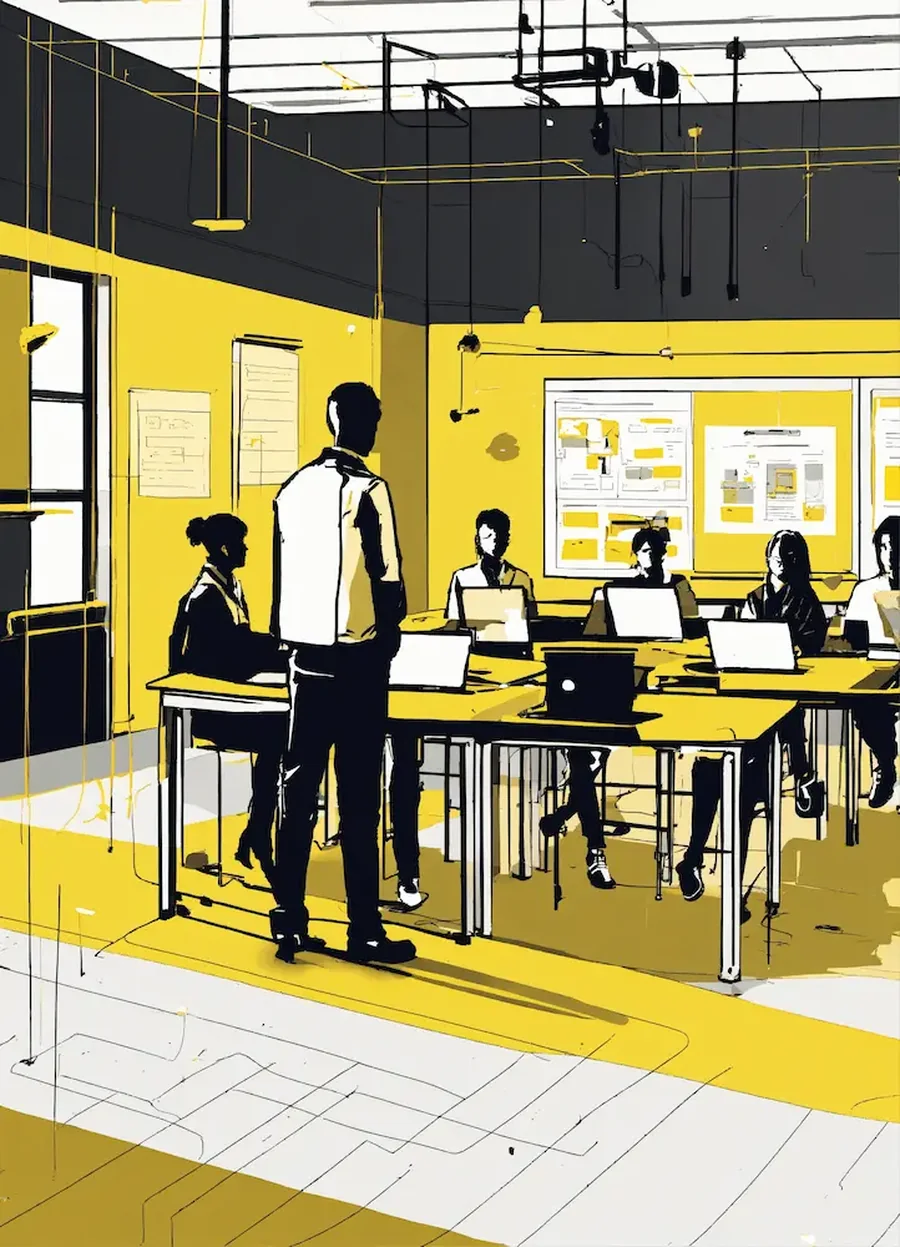 Illustration eines Seminarraums der digitalworld Academy: Vortragender vor der Gruppe an den Laptops
