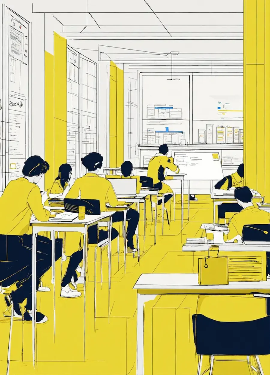 Illustration eines Seminarraums der digitalworld Academy