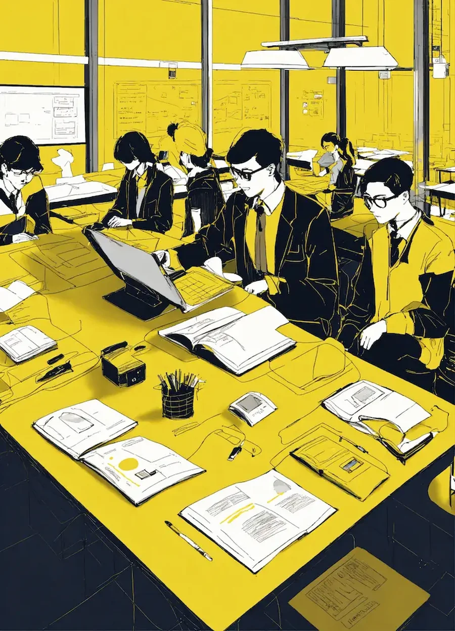 Illustration: Arbeitstisch im Seminarraum mit Unterlagen, Laptop und Notizen